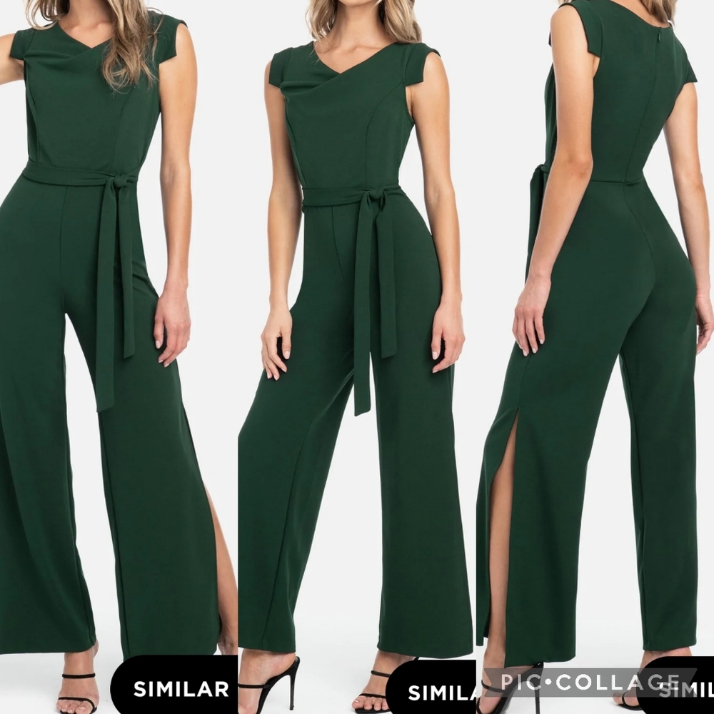 Bebe Side Slit Wideleg Jumpsuit Green Tie Waist